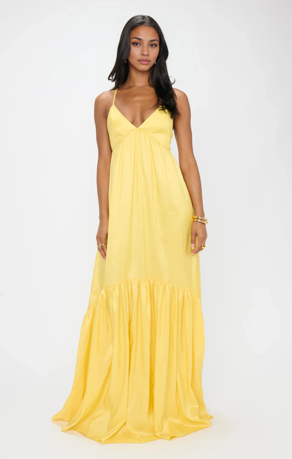Yellow Dress Spaghetti Straps V Neck Maxi Dress Princess Solid Color Crisscross Back Elegant Prom Dress