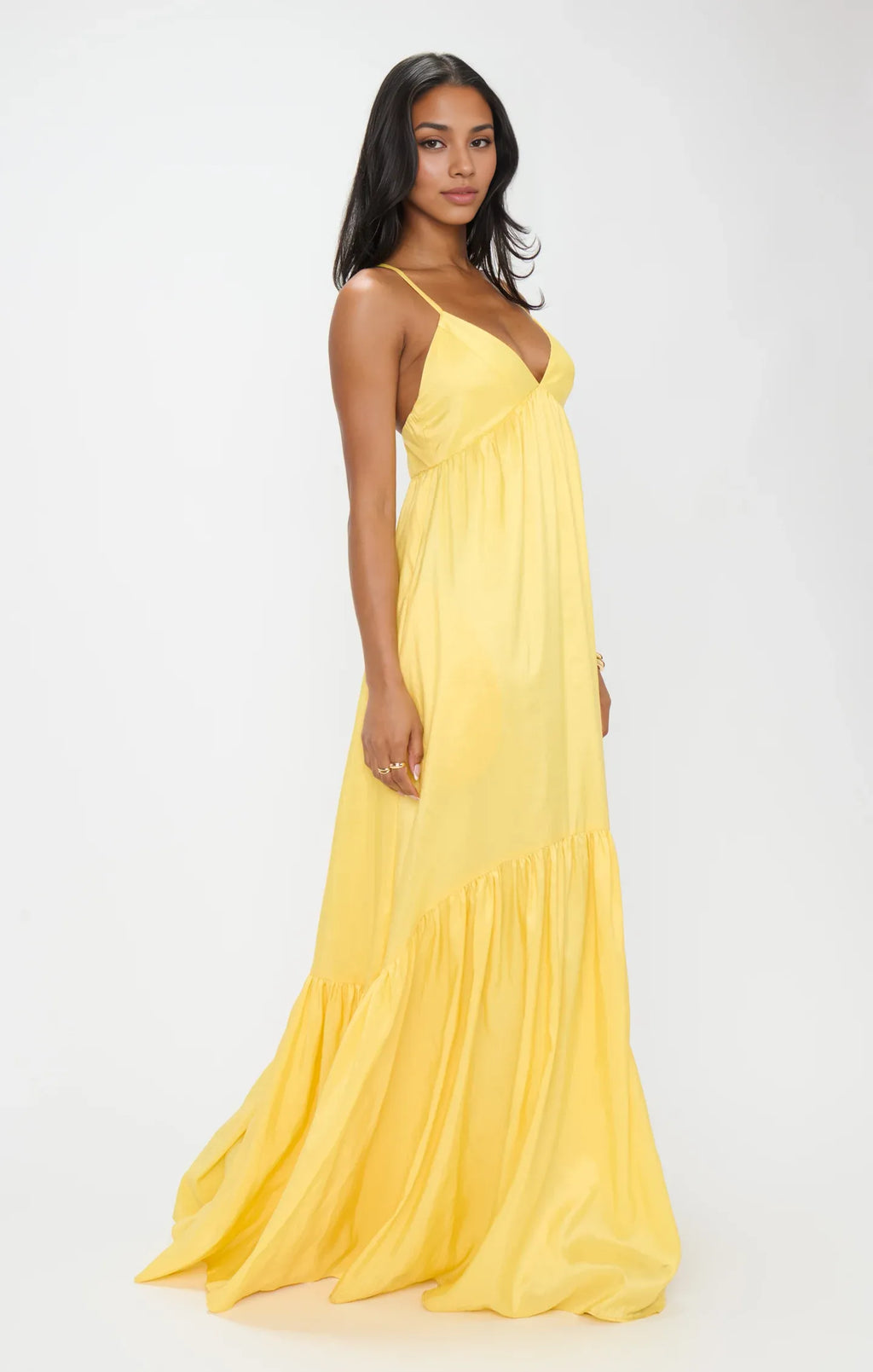 Yellow Dress Spaghetti Straps V Neck Maxi Dress Princess Solid Color Crisscross Back Elegant Prom Dress