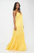 Yellow Dress Spaghetti Straps V Neck Maxi Dress Princess Solid Color Crisscross Back Elegant Prom Dress