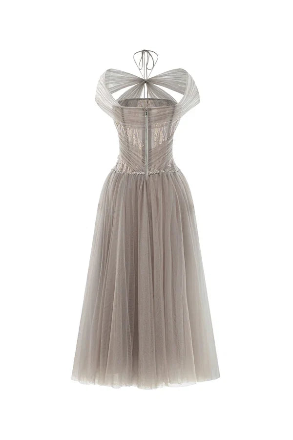 Dress Sparkle A-line Corset Waist Ankle Length Maxi Dress Sleeveless Elegant Pleated Backless Prom Dress