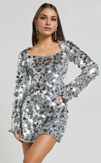 Silver Dress Sparkle & Shine Long Sleeve Mini Dress Square Neck A-Line Backless Homecoming Dress
