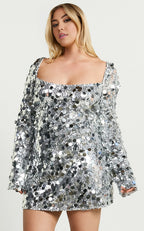 Silver Dress Sparkle & Shine Long Sleeve Mini Dress Square Neck A-Line Backless Homecoming Dress