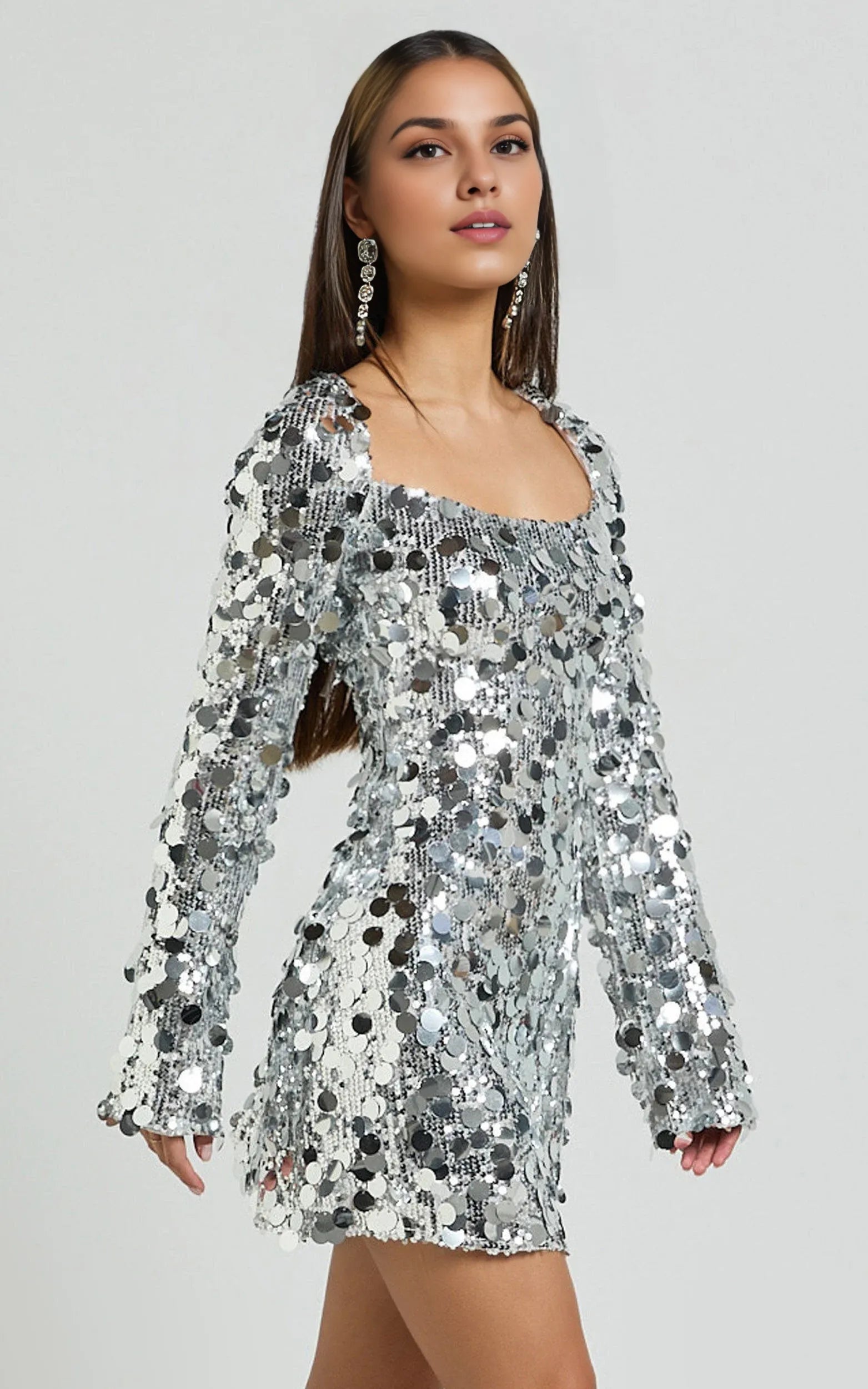 Silver Dress Sparkle & Shine Long Sleeve Mini Dress Square Neck A-Line Backless Homecoming Dress