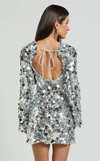 Silver Dress Sparkle & Shine Long Sleeve Mini Dress Square Neck A-Line Backless Homecoming Dress