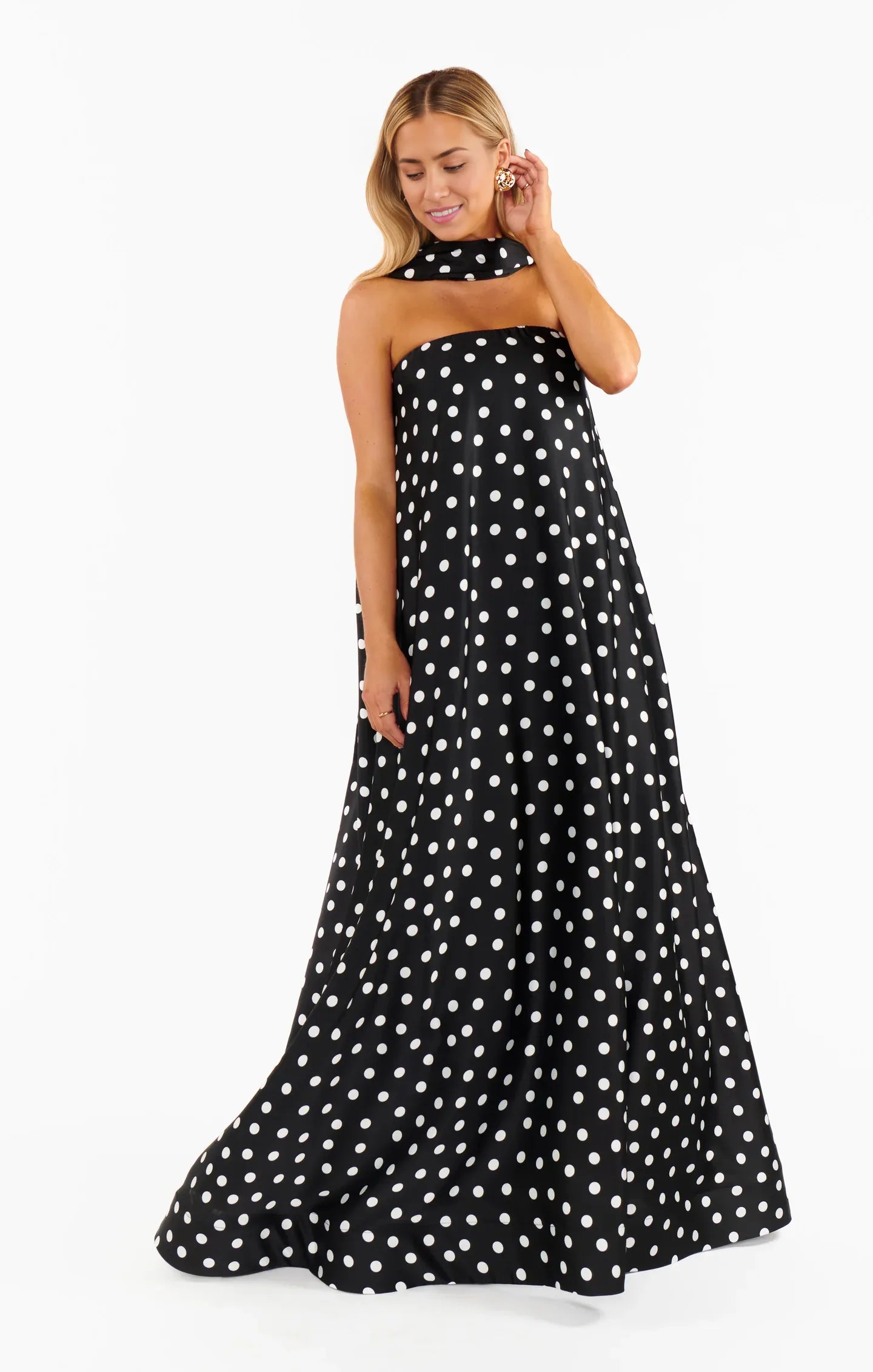 Black Dress Strapless Off the Shoulder Sleeveless Maxi Dress A-Line Polka Dots Backless Fashion Prom Dress