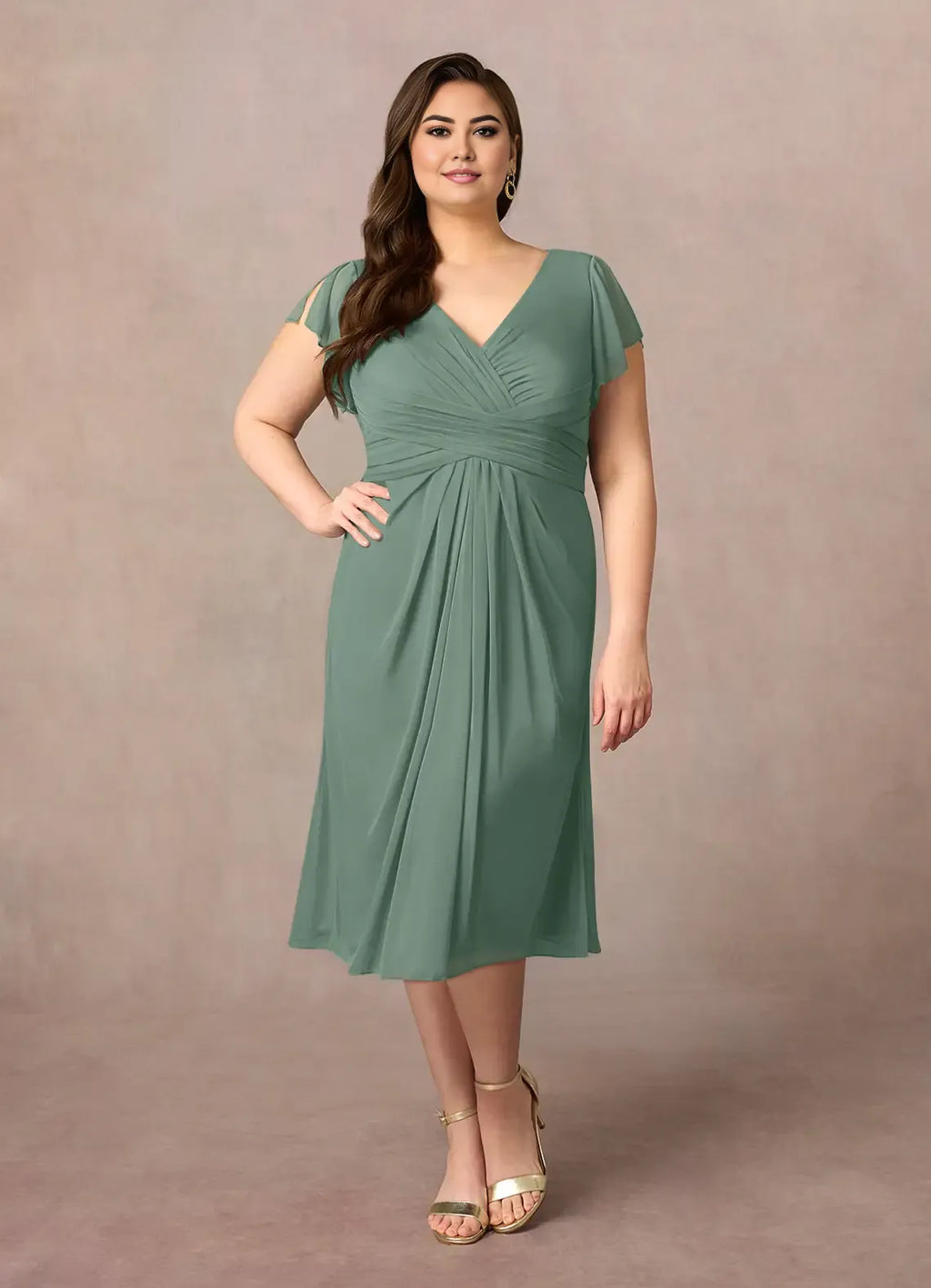 Dress V-Neck Pleated A-Line Mother Of The Bride Evening Dress Elegant Short Sleeve Back Zip Plus Size Mother Of The Groom Dresses