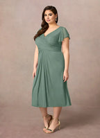Dress V-Neck Pleated A-Line Mother Of The Bride Evening Dress Elegant Short Sleeve Back Zip Plus Size Mother Of The Groom Dresses