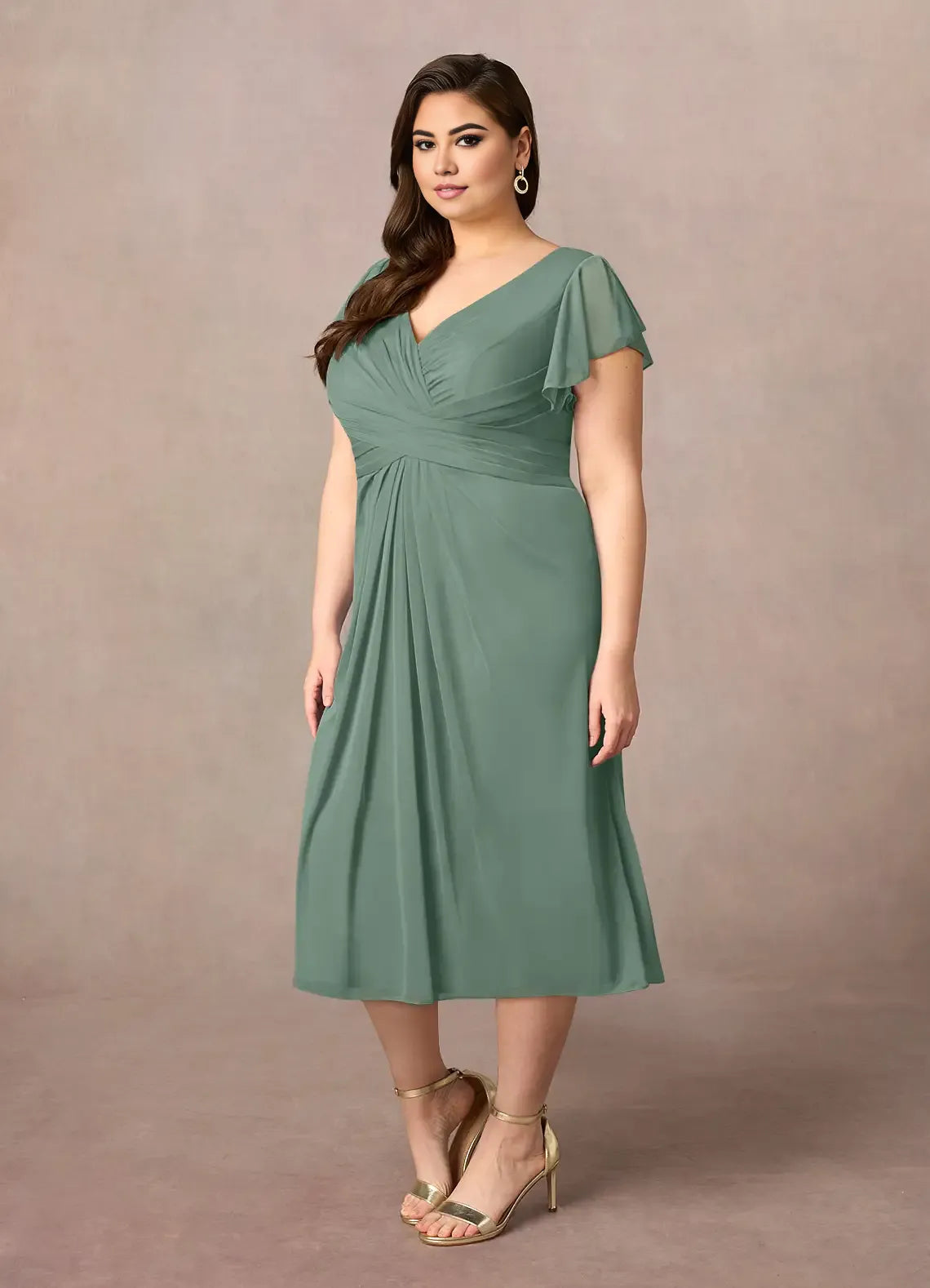 Dress V-Neck Pleated A-Line Mother Of The Bride Evening Dress Elegant Short Sleeve Back Zip Plus Size Mother Of The Groom Dresses