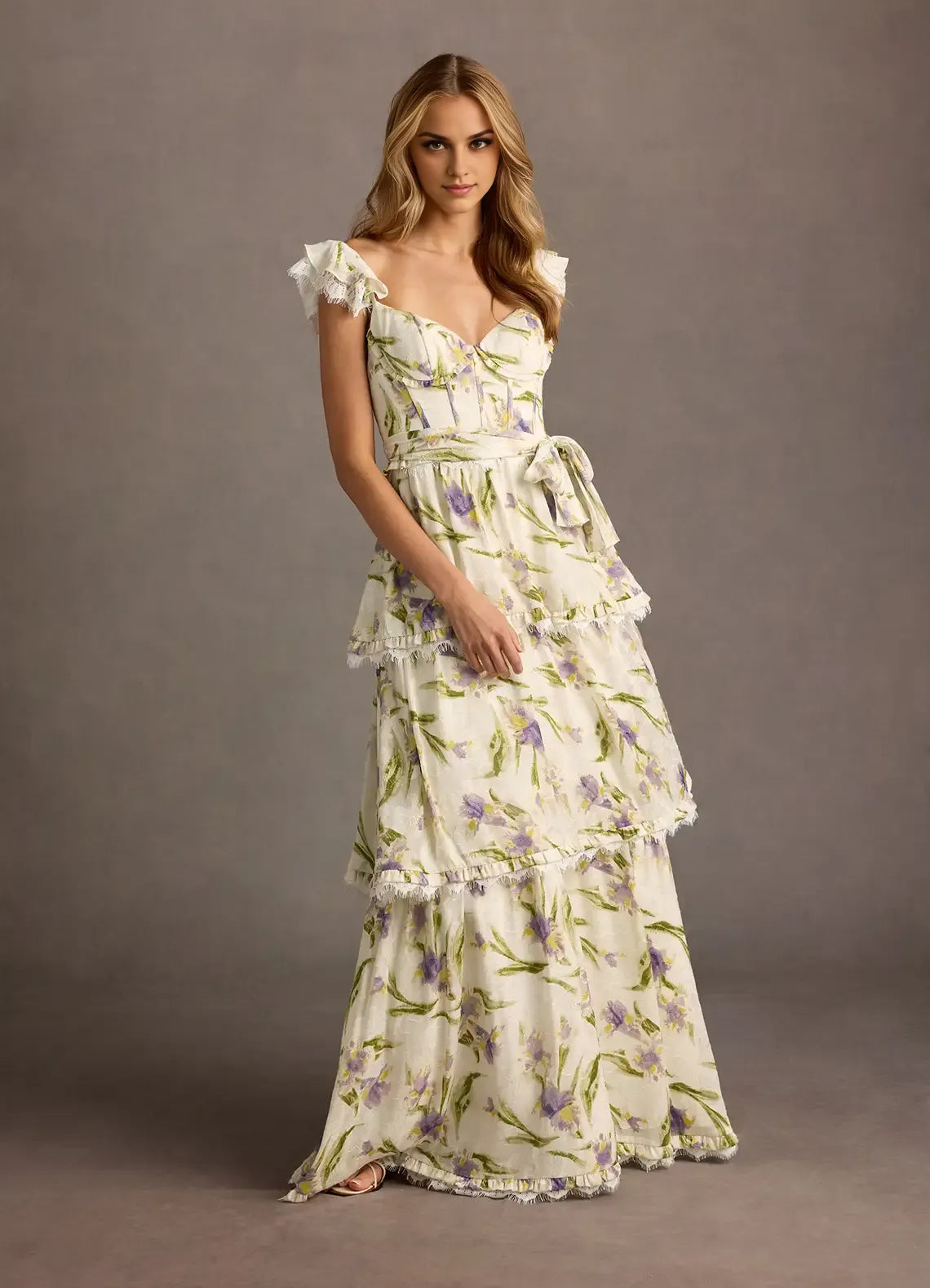 Dress V Neck Cap Sleeve Romantic Flower Printed Evening Dress Floor Length Up Prom Dress