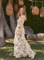 Dress V Neck Cap Sleeve Romantic Flower Printed Evening Dress Floor Length Up Prom Dress