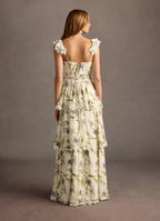 Dress V Neck Cap Sleeve Romantic Flower Printed Evening Dress Floor Length Up Prom Dress