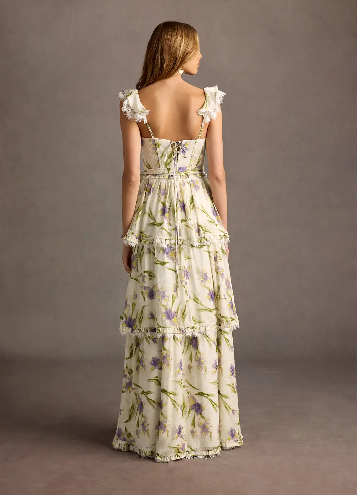 Dress V Neck Cap Sleeve Romantic Flower Printed Evening Dress Floor Length Up Prom Dress