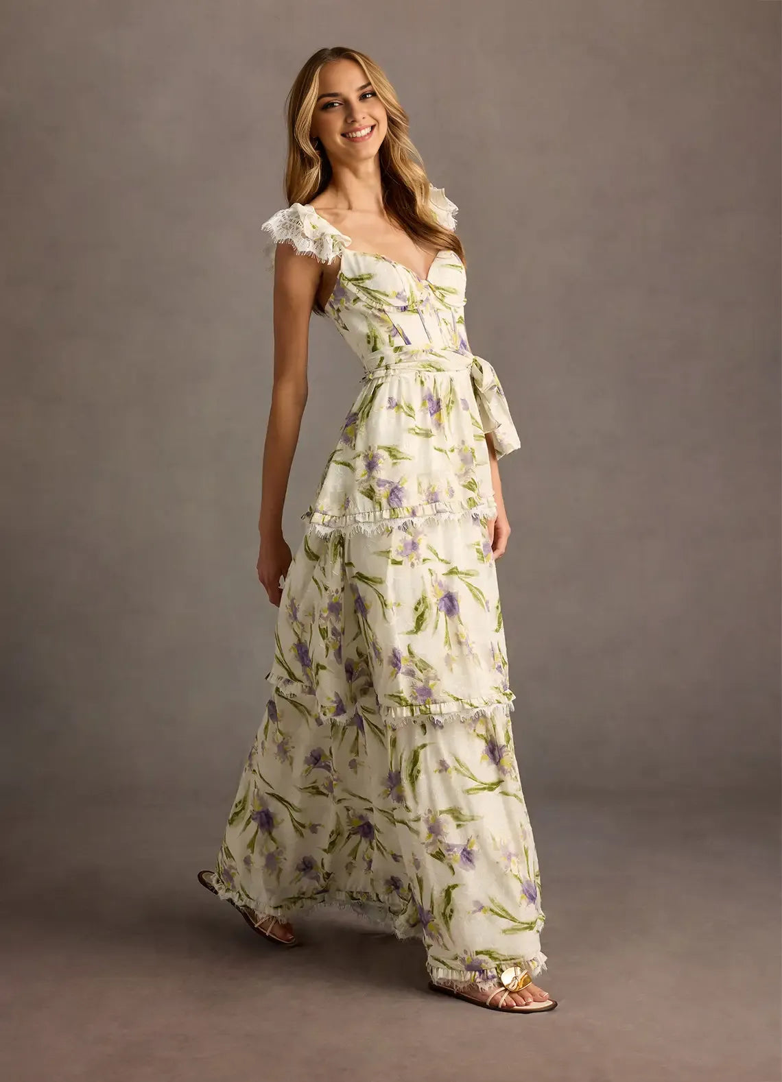 Dress V Neck Cap Sleeve Romantic Flower Printed Evening Dress Floor Length Up Prom Dress