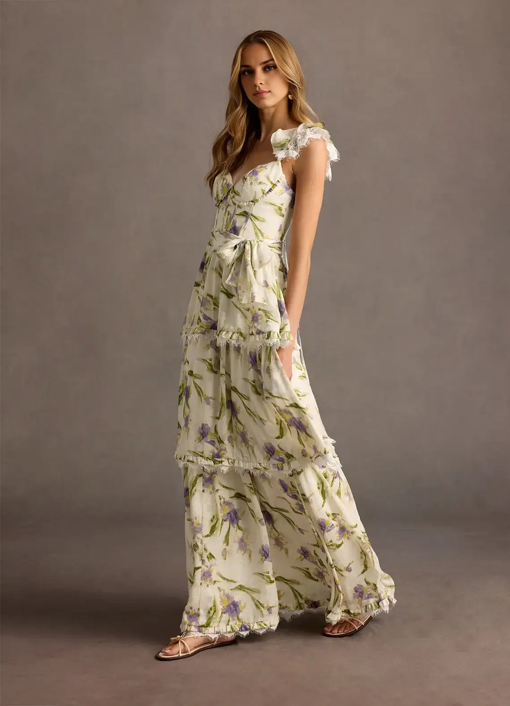 Dress V Neck Cap Sleeve Romantic Flower Printed Evening Dress Floor Length Up Prom Dress