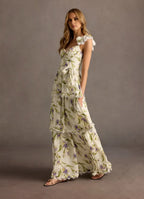 Dress V Neck Cap Sleeve Romantic Flower Printed Evening Dress Floor Length Up Prom Dress