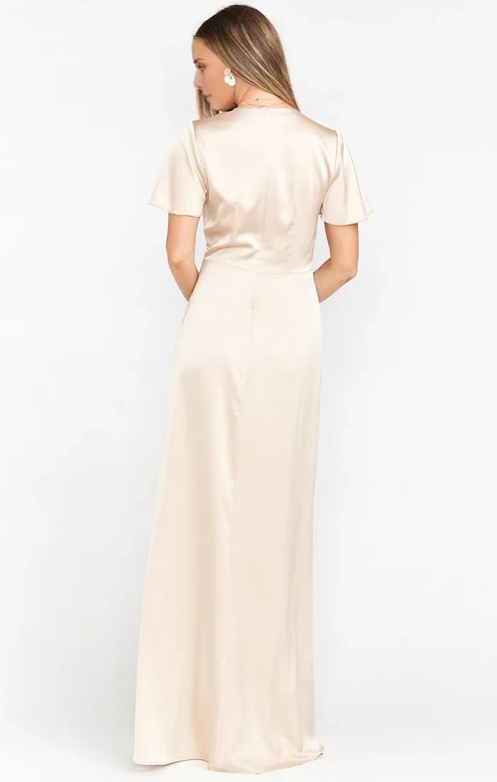 Dress V Neck Sage Short Sleeve Maxi Dress Column Solid Color Full Coverage Simple Prom Dress