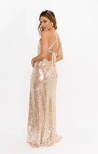 Dress V Neck Champagne Sleeveless Maxi Dress Column Sequins Backless Fashion Prom Dress With Slit