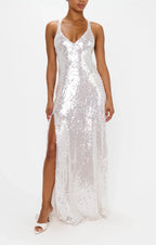 Dress V Neck Champagne Sleeveless Maxi Dress Column Sequins Backless Fashion Prom Dress With Slit