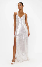 Dress V Neck Champagne Sleeveless Maxi Dress Column Sequins Backless Fashion Prom Dress With Slit