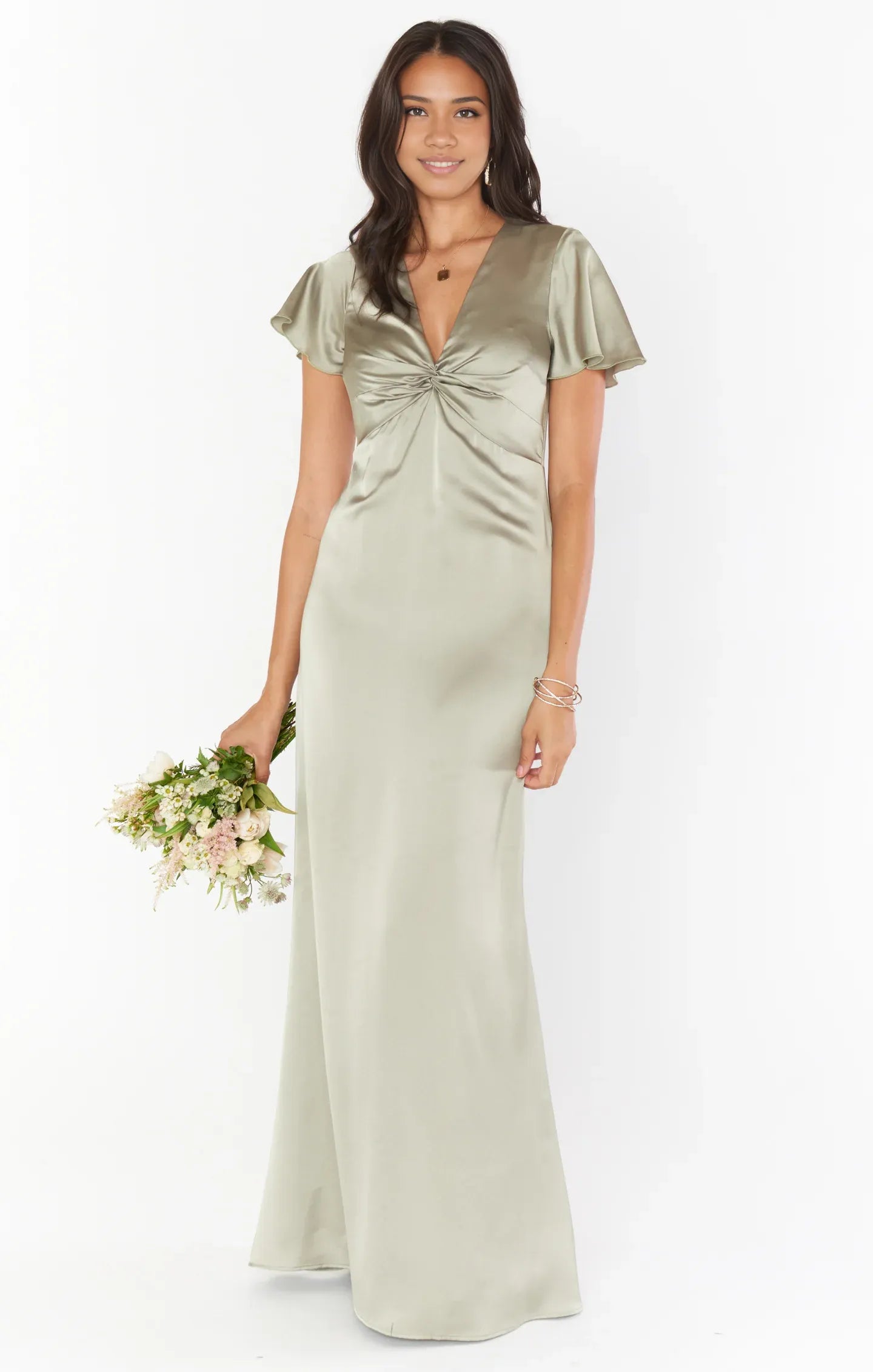 Dress V Neck Sage Short Sleeve Maxi Dress Column Solid Color Full Coverage Simple Prom Dress