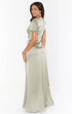 Dress V Neck Sage Short Sleeve Maxi Dress Column Solid Color Full Coverage Simple Prom Dress