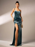 Dress Party Gown With High-slit Pleated Long Spaghetti Strap Prom Dress