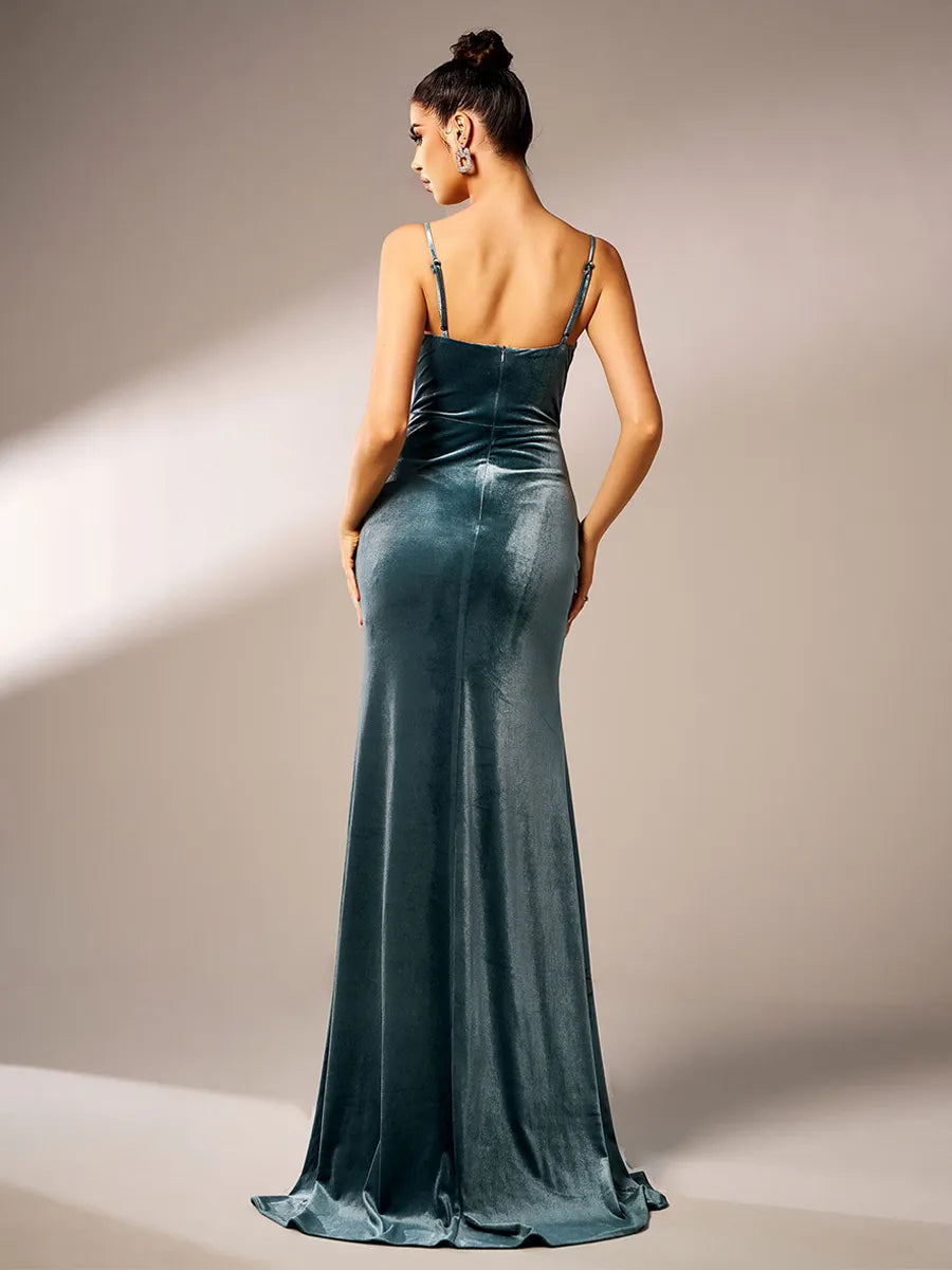 Dress Party Gown With High-slit Pleated Long Spaghetti Strap Prom Dress