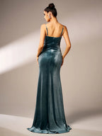Dress Party Gown With High-slit Pleated Long Spaghetti Strap Prom Dress