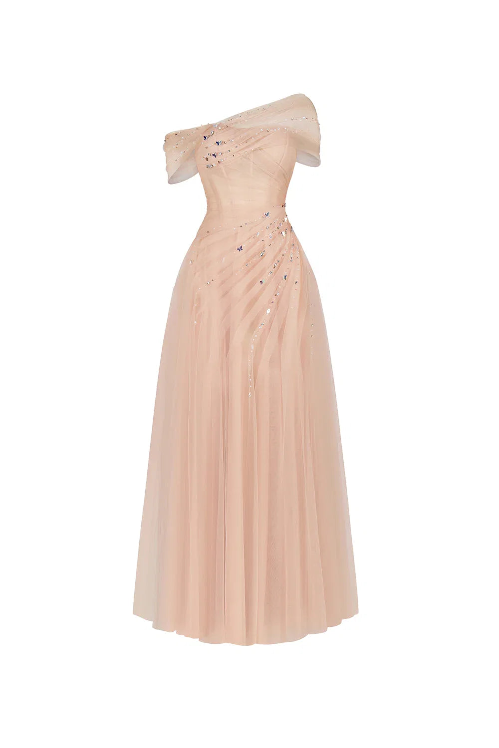 Dress Vintage A-line Asymmetric Sleeved Floor Length Dress Off the Shoulder Pleated Zipper Up Prom Dress
