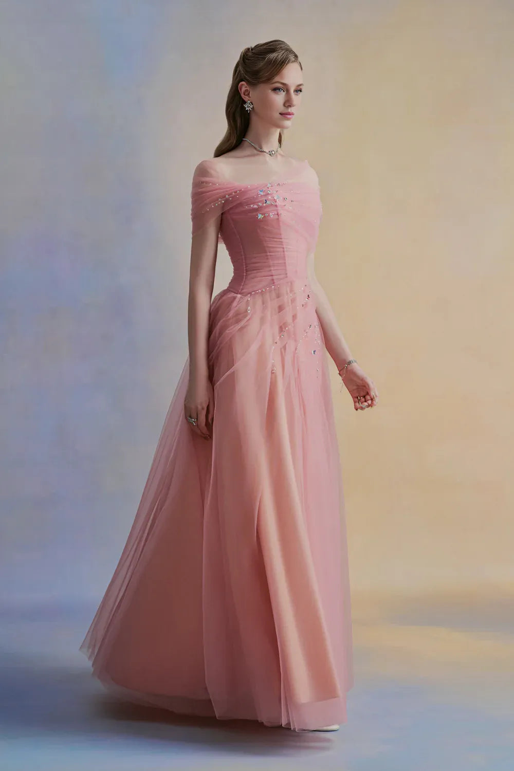 Dress Vintage A-line Asymmetric Sleeved Floor Length Dress Off the Shoulder Pleated Zipper Up Prom Dress
