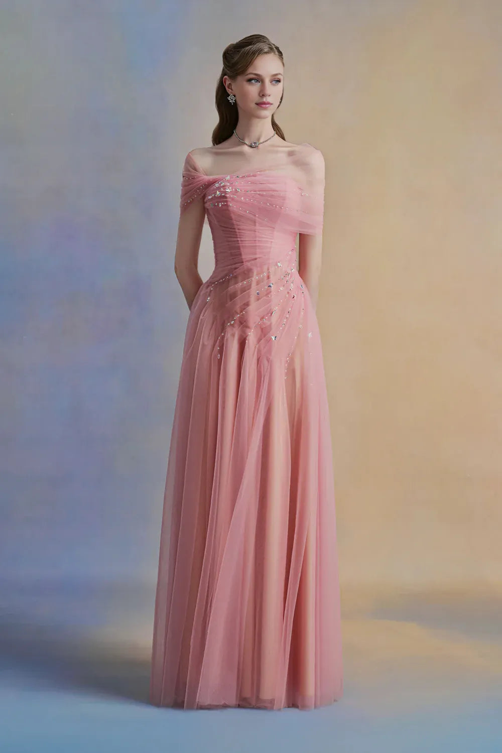 Dress Vintage A-line Asymmetric Sleeved Floor Length Dress Off the Shoulder Pleated Zipper Up Prom Dress