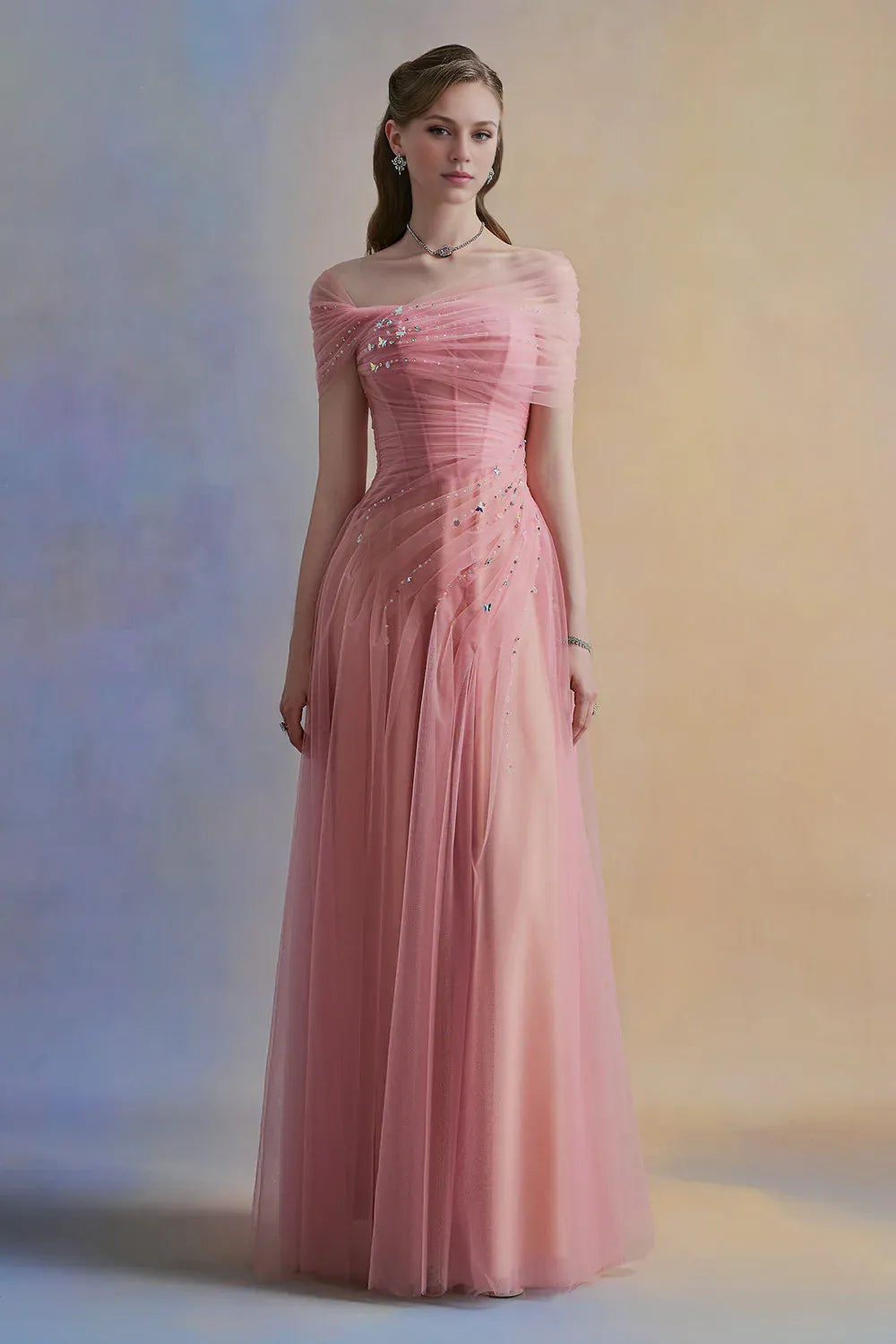 Dress Vintage A-line Asymmetric Sleeved Floor Length Dress Off the Shoulder Pleated Zipper Up Prom Dress