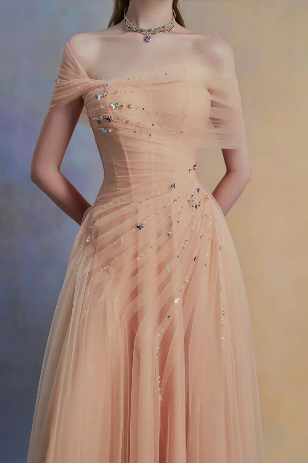 Dress Vintage A-line Asymmetric Sleeved Floor Length Dress Off the Shoulder Pleated Zipper Up Prom Dress