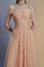 Dress Vintage A-line Asymmetric Sleeved Floor Length Dress Off the Shoulder Pleated Zipper Up Prom Dress