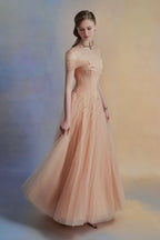 Dress Vintage A-line Asymmetric Sleeved Floor Length Dress Off the Shoulder Pleated Zipper Up Prom Dress