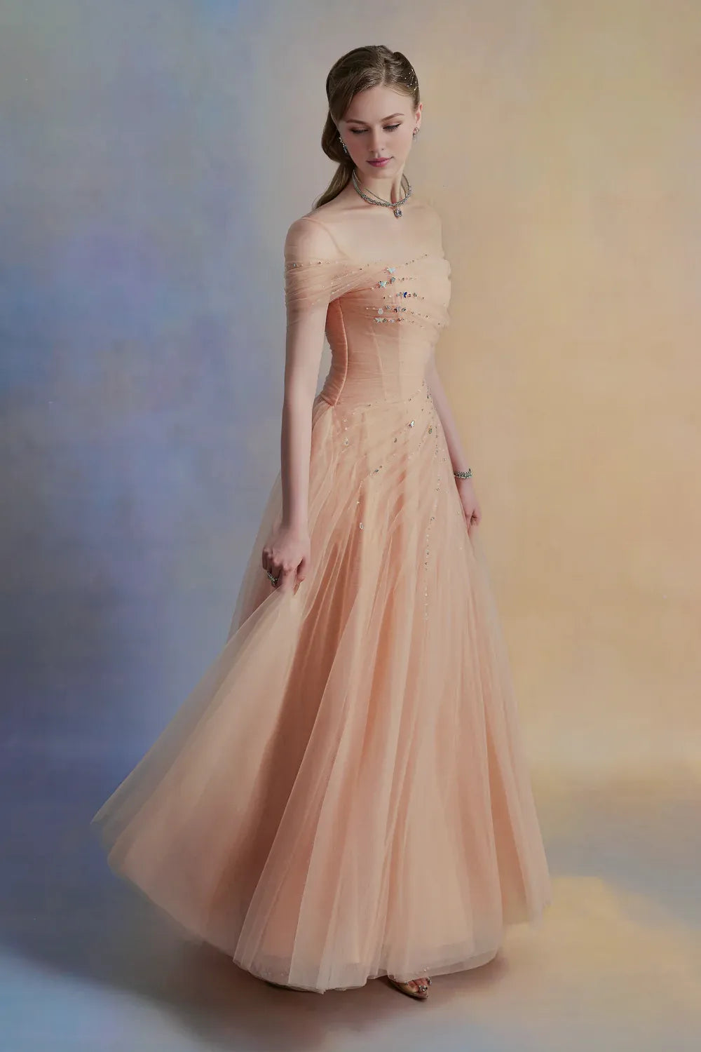Dress Vintage A-line Asymmetric Sleeved Floor Length Dress Off the Shoulder Pleated Zipper Up Prom Dress