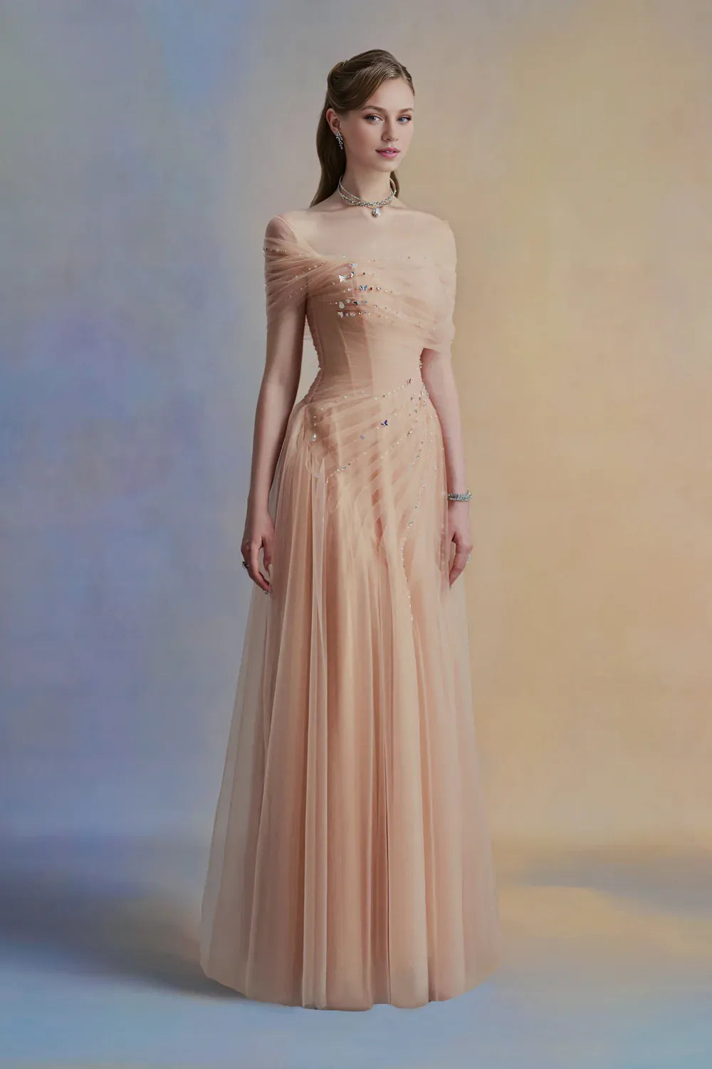 Dress Vintage A-line Asymmetric Sleeved Floor Length Dress Off the Shoulder Pleated Zipper Up Prom Dress