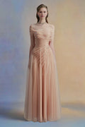 Dress Vintage A-line Asymmetric Sleeved Floor Length Dress Off the Shoulder Pleated Zipper Up Prom Dress