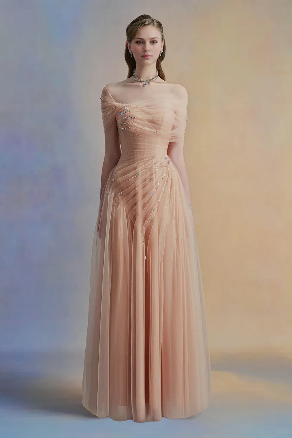 Dress Vintage A-line Asymmetric Sleeved Floor Length Dress Off the Shoulder Pleated Zipper Up Prom Dress