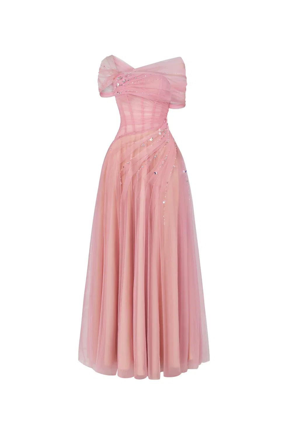 Dress Vintage A-line Asymmetric Sleeved Floor Length Dress Off the Shoulder Pleated Zipper Up Prom Dress