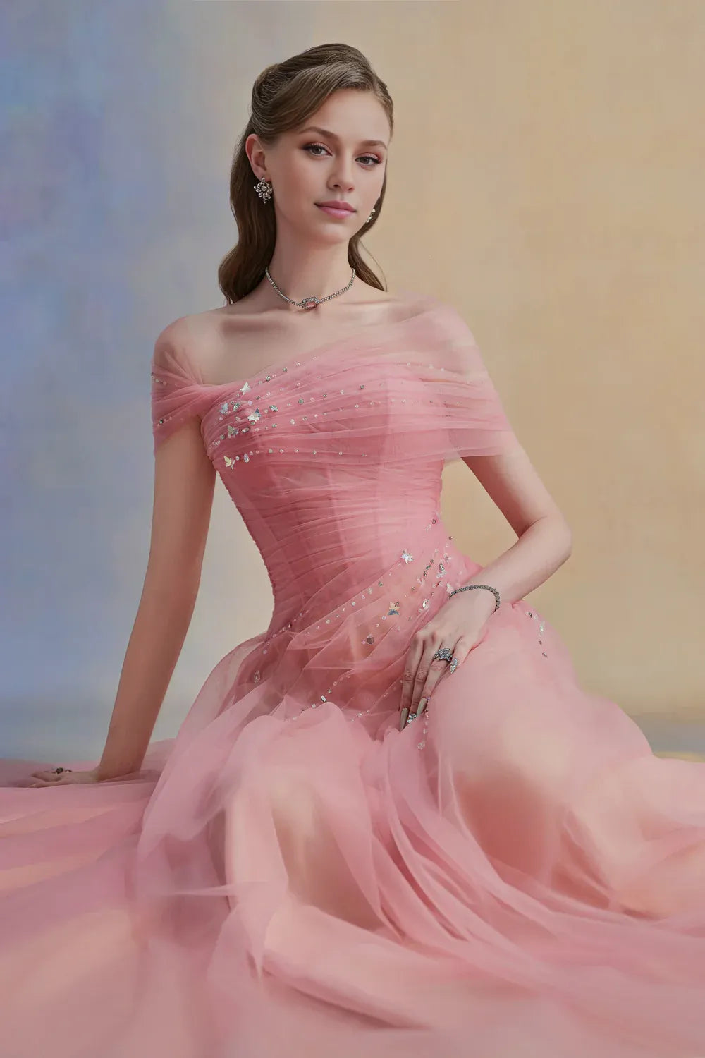 Dress Vintage A-line Asymmetric Sleeved Floor Length Dress Off the Shoulder Pleated Zipper Up Prom Dress