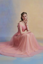 Dress Vintage A-line Asymmetric Sleeved Floor Length Dress Off the Shoulder Pleated Zipper Up Prom Dress