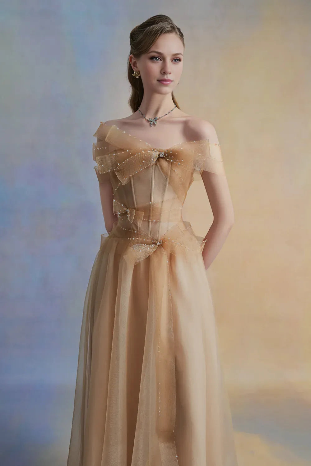 Dress Vintage A-line Corset Waist Midi Dress Off the Shoulder Pleated Bow knot Evening Dress