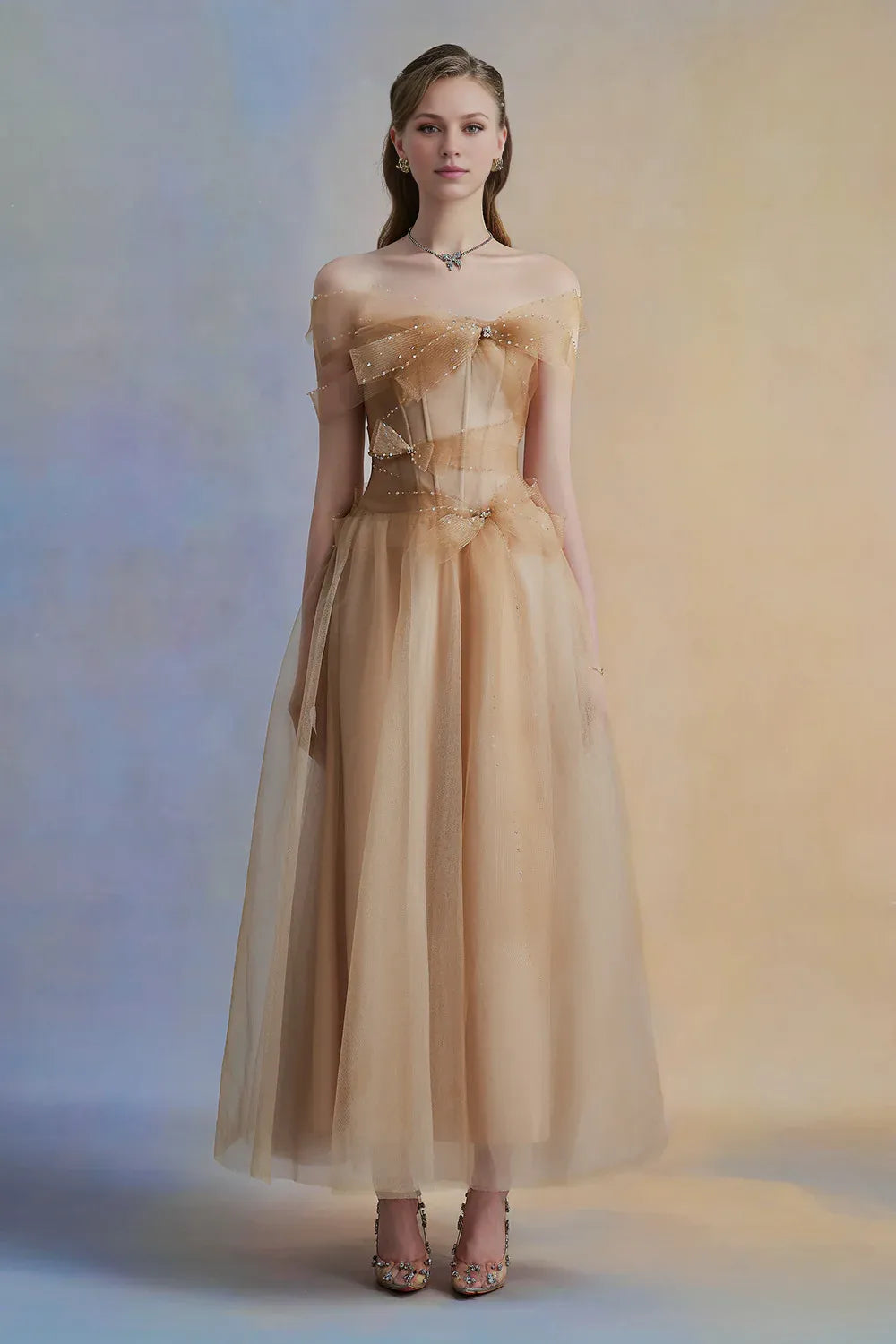 Dress Vintage A-line Corset Waist Midi Dress Off the Shoulder Pleated Bow knot Evening Dress
