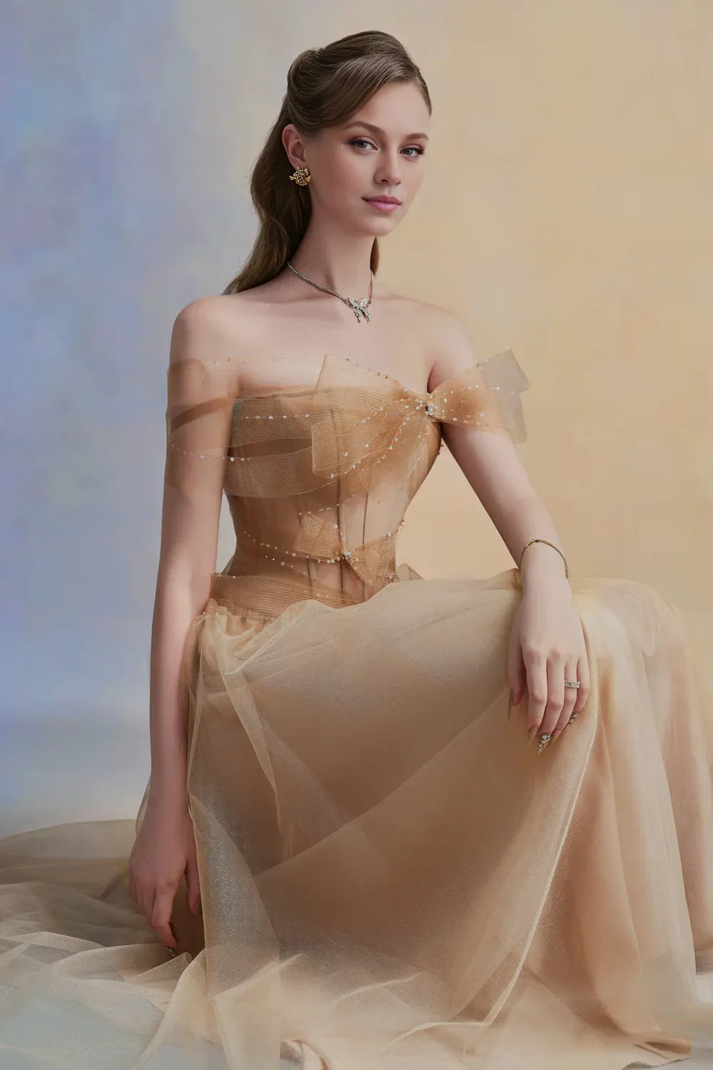Dress Vintage A-line Corset Waist Midi Dress Off the Shoulder Pleated Bow knot Evening Dress