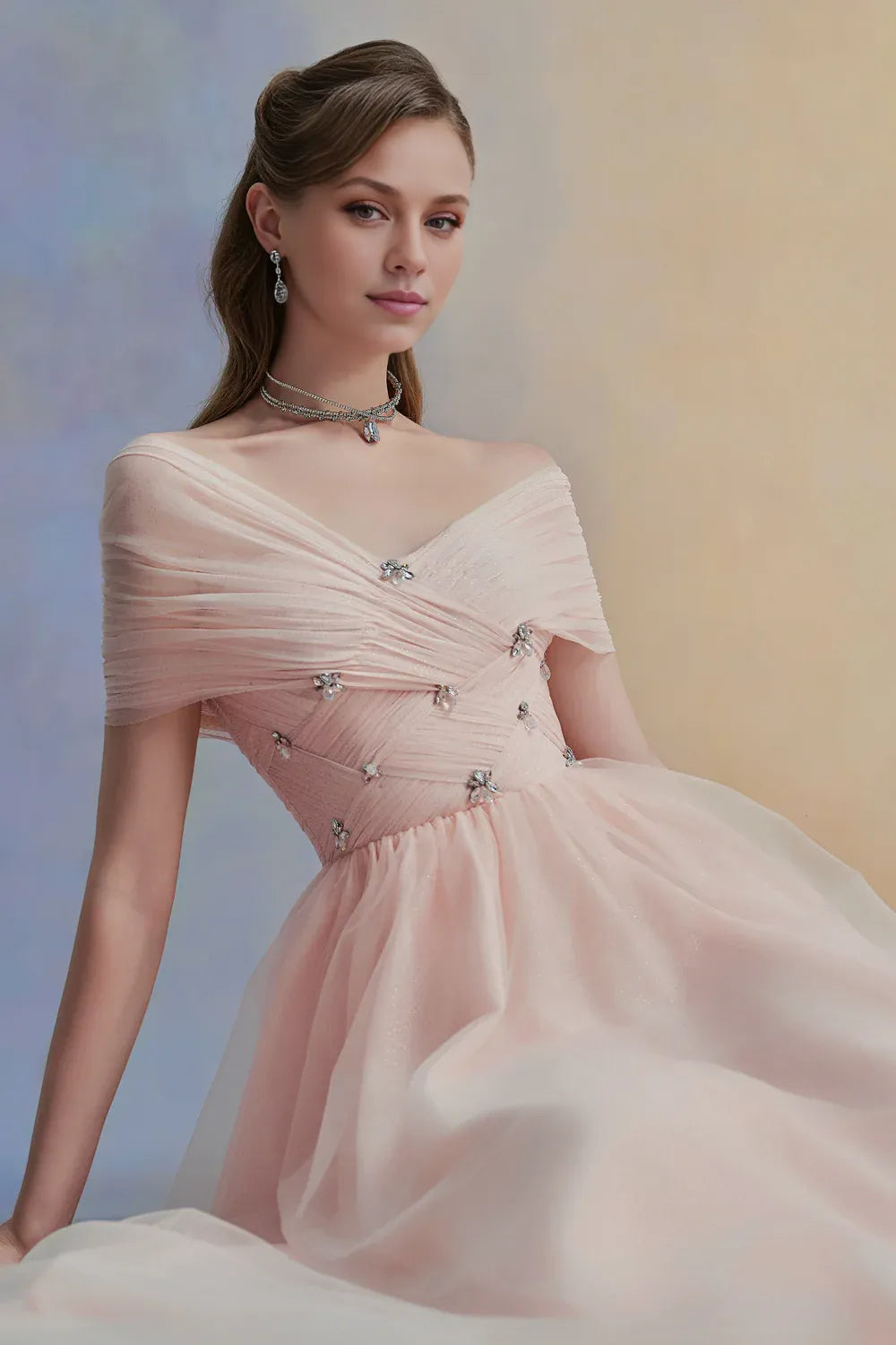 Dress Vintage A-line V-Neck Midi Dress Off the Shoulder Pleated Zipper Up Cap Sleeve Evening Dress