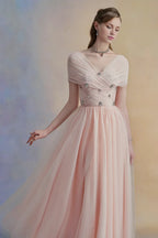 Dress Vintage A-line V-Neck Midi Dress Off the Shoulder Pleated Zipper Up Cap Sleeve Evening Dress