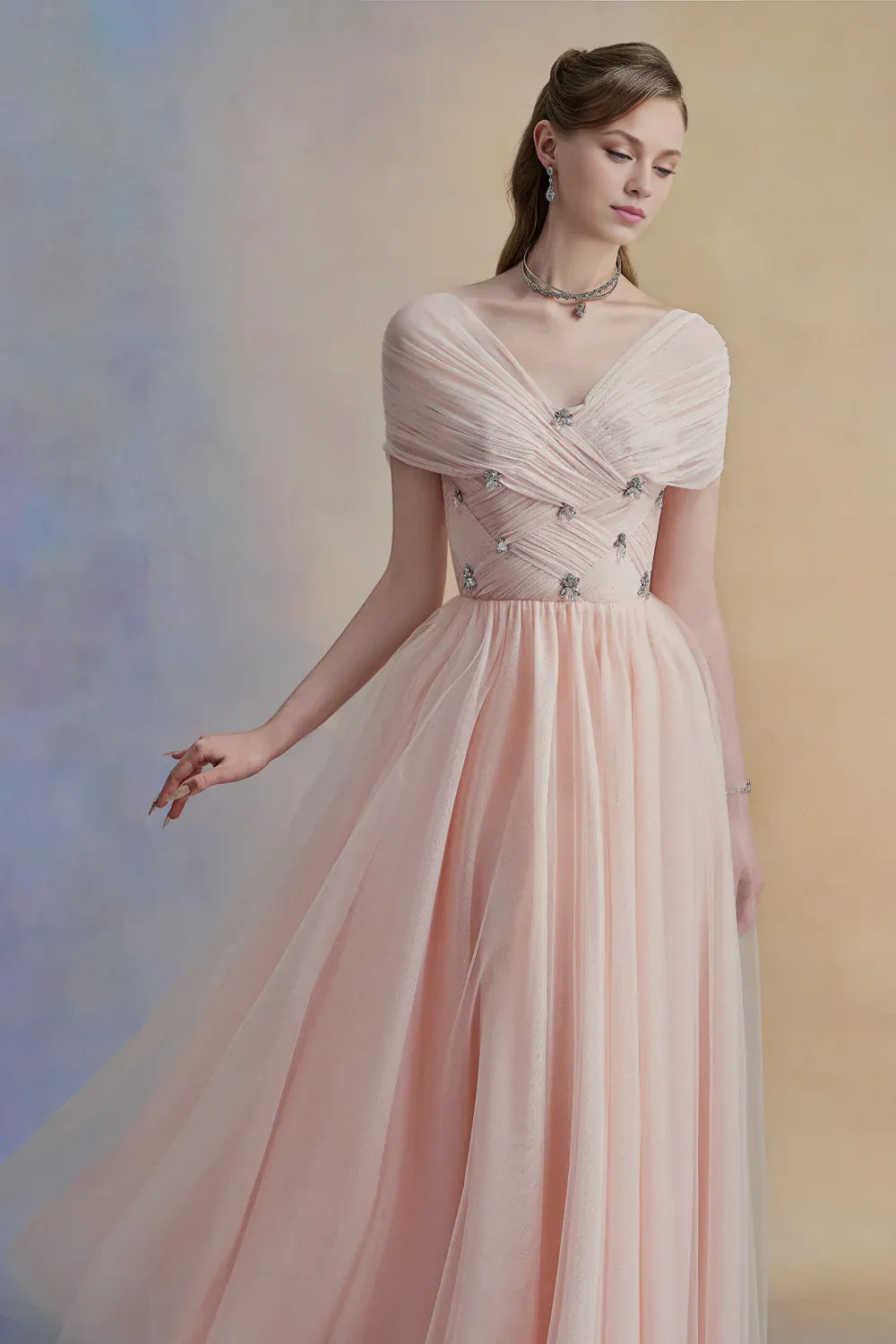 Dress Vintage A-line V-Neck Midi Dress Off the Shoulder Pleated Zipper Up Cap Sleeve Evening Dress