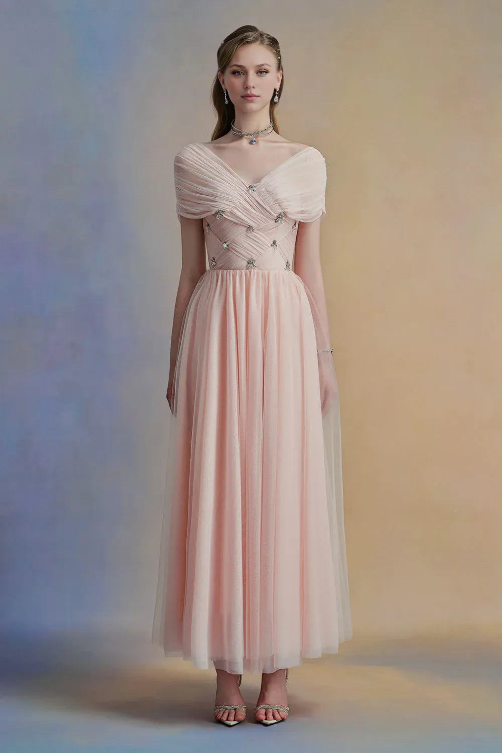 Dress Vintage A-line V-Neck Midi Dress Off the Shoulder Pleated Zipper Up Cap Sleeve Evening Dress