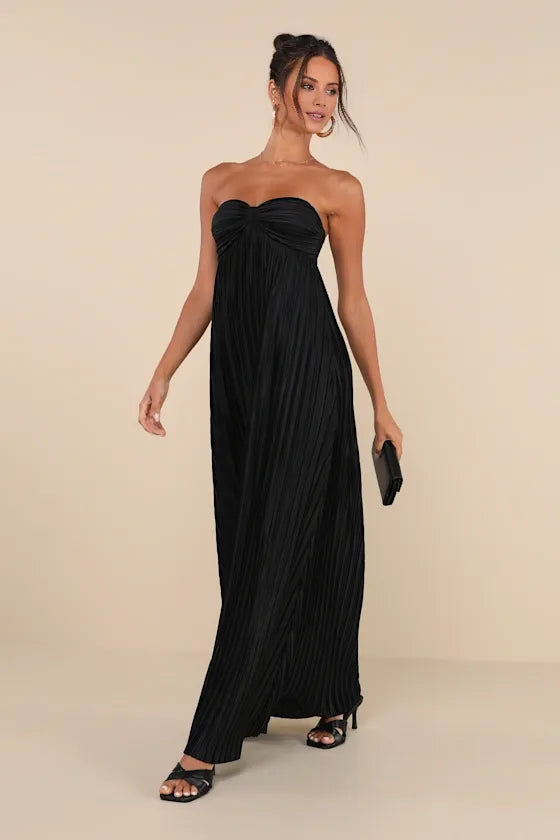Black Dress Vintage Sweetheart Strapless Maxi Dress Evening Dress A-Line Sleeveless Prom Dress